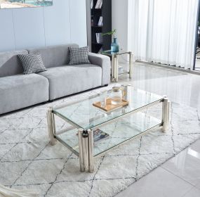 47" Wide Rectangle Modern Stainless Steel Coffee Table, Double-Layer Clear Tempered Glass Coffee Table, Center Table with Storage
