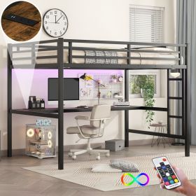 Metal Full XL Size Loft Bed with Power Outlet and LED Lighted, Space-Saving, Noise Reduced, Black