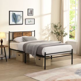 Twin Size metal bedframe, Headboard with wood panel decoration, black