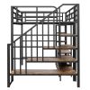 Full Size Metal Loft Bed with Staircase,Low Storage Table and Storage Shelves,Black