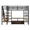 Full Size Metal Loft Bed with Staircase,Low Storage Table and Storage Shelves,Black