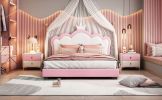 Full size Upholstered Princess Bed With Crown Headboard,Full Size Platform Bed with Headboard and Footboard, White+Pink