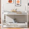 Metal Twin over Twin House Bunk Bed with Fence and Door, White