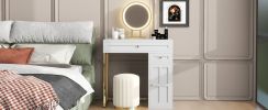 31.5'' Makeup Vanity Desk with Lighted Mirror, Luxury Dressing Table with 2 Drawers and 1 Cabinet, 3 Lighting Modes Available for Bedroom, White-Gold