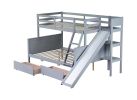Twin over Full Bunk Bed with 2 Drawers, Slide, Shelves, Ladder, Rubber Wood Bunk Bed with Slide, Drawers,Grey(Old Sku:W504S00061)