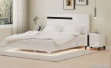 Modern High Gloss 3-Piece Bedroom Set Floating Bed Frame Queen Size Platform Bed with LED Light & 2 Nightstands, White