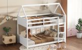 Twin Over Twin House Floor Bunk Bed with Headboards, Footboards and Guardrails, Ladder, Rubber Wood Bunk Bed with Safety Guardrails,White