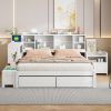 Full Size Wooden platform bed with Multi-functional Storage Space, Nightstand, 2 Drawers, USB Ports and Desk, White
