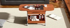 Modern Extended Coffee Table with Wheels, Folding Coffee Table with 1 drawer and 2-Tier Storage, Metal Frame Wood Coffee Table for Living Room