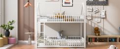 Metal Twin over Twin House Bunk Bed with Fence and Door, White