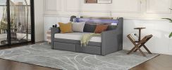 Twin Size Daybed with Storage Drawers, Upholstered Daybed with Charging Station and LED Lights, Gray(Old Item W1580S00034)