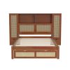 Twin Size Wooden Bed with Two Storage Lockers, Drawer, and Storage Shelf on Headboard, Multifunctional Platform Bed with Natural Rattan, Walnut