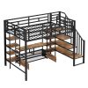 Full Size Metal Loft Bed with Staircase,Low Storage Table and Storage Shelves,Black