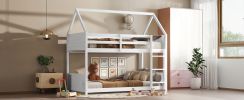 Twin Over Twin House Floor Bunk Bed with Headboards, Footboards and Guardrails, Ladder, Rubber Wood Bunk Bed with Safety Guardrails,White