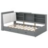 Wood Twin Size platform bed with Storage Headboard, Shelves and 2 Drawers, Gray