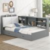 Wood Twin Size platform bed with Storage Headboard, Shelves and 2 Drawers, Gray