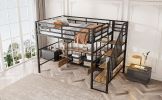 Full Size Metal Loft Bed with Staircase,Low Storage Table and Storage Shelves,Black