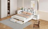 Full Size Wooden platform bed with Multi-functional Storage Space, Nightstand, 2 Drawers, USB Ports and Desk, White