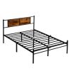 King Size metal bedframe, Headboard with wood panel decoration, black