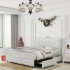 King size bed frame with 4 drawers, Star Galaxy Projector, USB Charger, Music Speaker, Adjustable Upholstered Headboard with Diamond Button,PU Leather