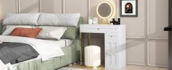 31.5'' Makeup Vanity Desk with Lighted Mirror, Luxury Dressing Table with 2 Drawers and 1 Cabinet, 3 Lighting Modes Available for Bedroom, White-Gold