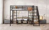 Full Size Metal Loft Bed with Staircase,Low Storage Table and Storage Shelves,Black