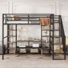 Full Size Metal Loft Bed with Staircase,Low Storage Table and Storage Shelves,Black