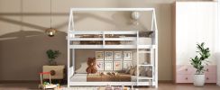 Twin Over Twin House Floor Bunk Bed with Headboards, Footboards and Guardrails, Ladder, Rubber Wood Bunk Bed with Safety Guardrails,White