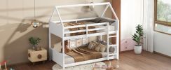 Twin Over Twin House Floor Bunk Bed with Headboards, Footboards and Guardrails, Ladder, Rubber Wood Bunk Bed with Safety Guardrails,White
