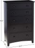 Contemporary Black Finish 1pc Chest of Drawers Plywood Pine Veneer Bedroom Furniture 5 drawers Tall chest