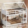 Twin Over Twin House Floor Bunk Bed with Headboards, Footboards and Guardrails, Ladder, Rubber Wood Bunk Bed with Safety Guardrails,White