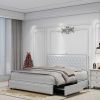 King size bed frame with 4 drawers, Star Galaxy Projector, USB Charger, Music Speaker, Adjustable Upholstered Headboard with Diamond Button,PU Leather