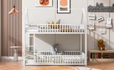 Metal Twin over Twin House Bunk Bed with Fence and Door, White