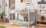 Metal Twin over Twin House Bunk Bed with Fence and Door, White