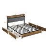 Queen Size Bed Frame, Storage Headboard with Charging Station and 4 Storage Drawers,LED Lights , Brown and Gray