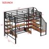 Full Size Metal Loft Bed with Staircase,Low Storage Table and Storage Shelves,Black