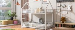 Metal Twin over Twin House Bunk Bed with Fence and Door, White