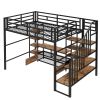 Full Size Metal Loft Bed with Staircase,Low Storage Table and Storage Shelves,Black