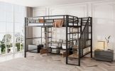 Full Size Metal Loft Bed with Staircase,Low Storage Table and Storage Shelves,Black