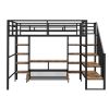 Full Size Metal Loft Bed with Staircase,Low Storage Table and Storage Shelves,Black