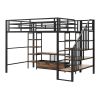 Full Size Metal Loft Bed with Staircase,Low Storage Table and Storage Shelves,Black