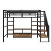 Full Size Metal Loft Bed with Staircase,Low Storage Table and Storage Shelves,Black