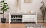 TREXM Distressed Shutter Storage Bench with Acacia Veneer for Retro Charm for Living Room, Entryway (White)