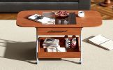 Modern Extended Coffee Table with Wheels, Folding Coffee Table with 1 drawer and 2-Tier Storage, Metal Frame Wood Coffee Table for Living Room