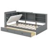 Wood Twin Size platform bed with Storage Headboard, Shelves and 2 Drawers, Gray