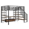 Full Size Metal Loft Bed with Staircase,Low Storage Table and Storage Shelves,Black
