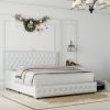 King size bed frame with 4 drawers, Star Galaxy Projector, USB Charger, Music Speaker, Adjustable Upholstered Headboard with Diamond Button,PU Leather
