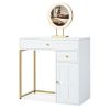 31.5'' Makeup Vanity Desk with Lighted Mirror, Luxury Dressing Table with 2 Drawers and 1 Cabinet, 3 Lighting Modes Available for Bedroom, White-Gold