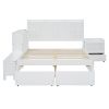 Full Size Wooden platform bed with Multi-functional Storage Space, Nightstand, 2 Drawers, USB Ports and Desk, White