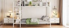 Twin Over Full Metal Bunk Bed with 5-Tier Shelves, White